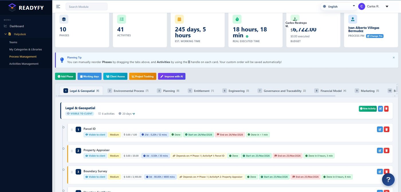 Planning Board con fases, actividades, dependencias y botón Improve with AI
