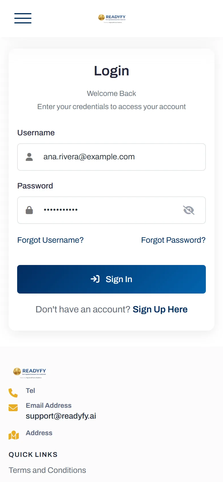 Login form with username and password