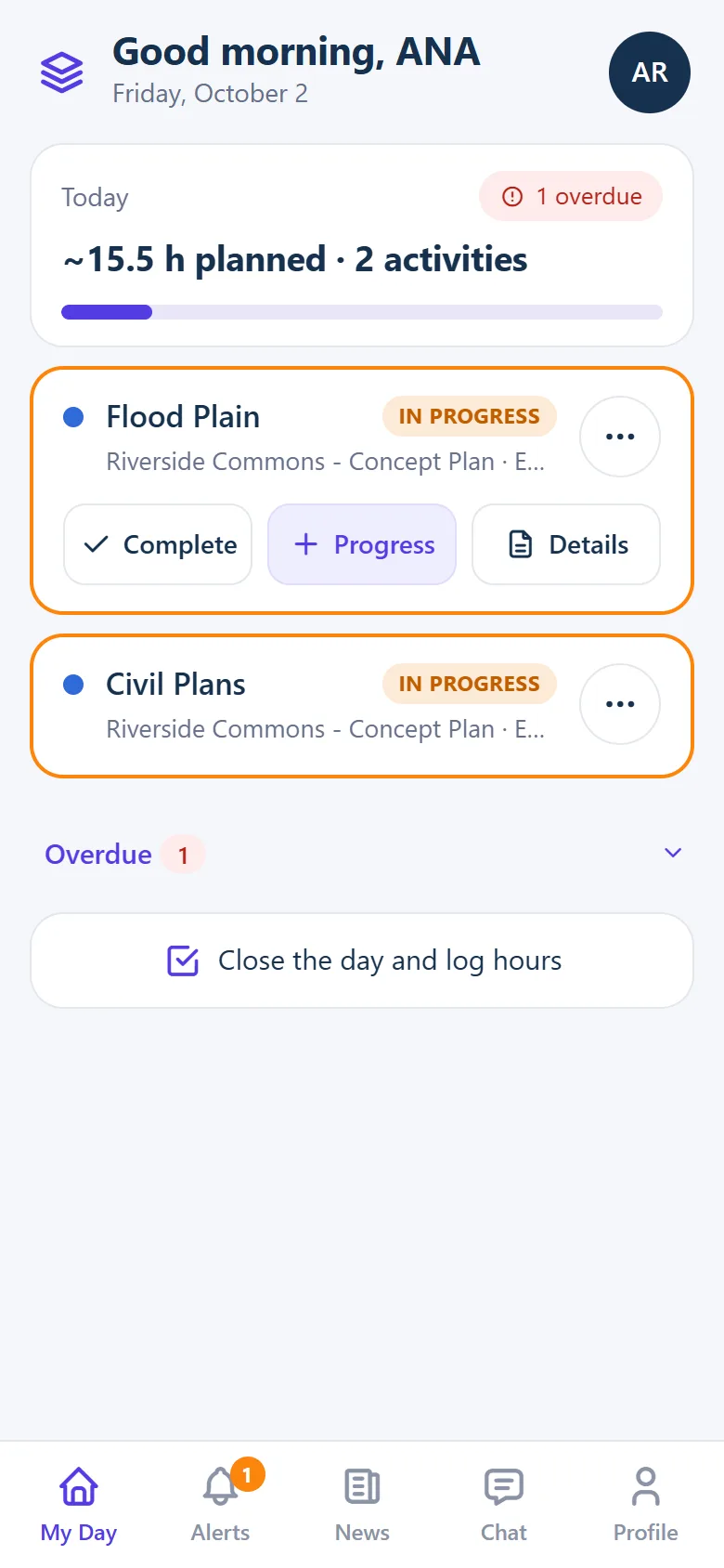 Activity card expanded with Complete, Progress and Details buttons
