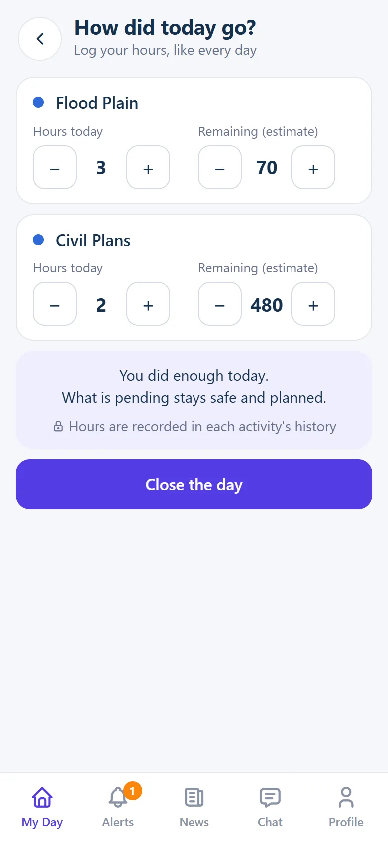 Close the day screen with hour steppers for two activities