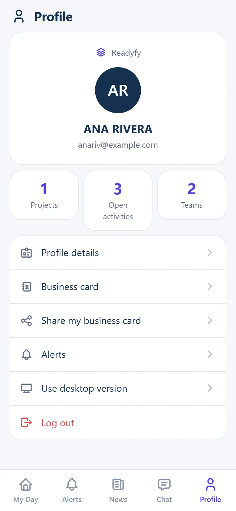 Profile screen with counters and options